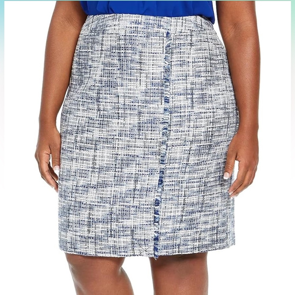 Calvin Klein | Blue Tweed Woven Fringe Pencil Straight Midi Skirt 12